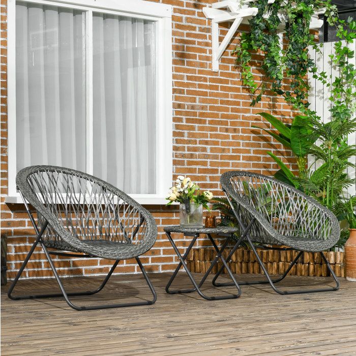 Ensemble de jardin pliable 2 chaises et table basse ronde en résine tressée grise