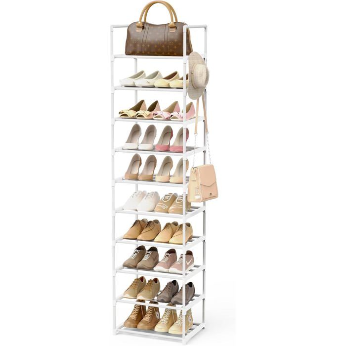 Porte-chaussures 10 niveaux métal - 30 x 43 5 x 200 cm étroit gain de place avec crochets - lot de 1