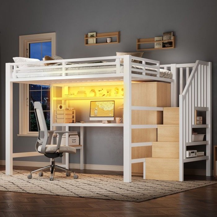CollaHausse Lit Mezzanine Métal 140x200cm Bureau Armoire Escalier Rangement Blanc