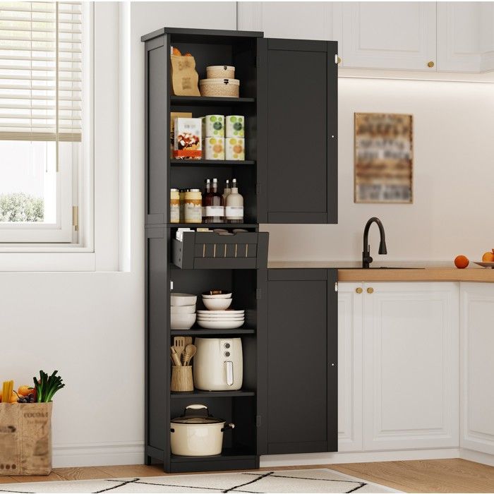 Buffet de cuisine haut 170 x 40 x 30 cm noir 2 portes 1 tiroir 4 étagères réglables MDF