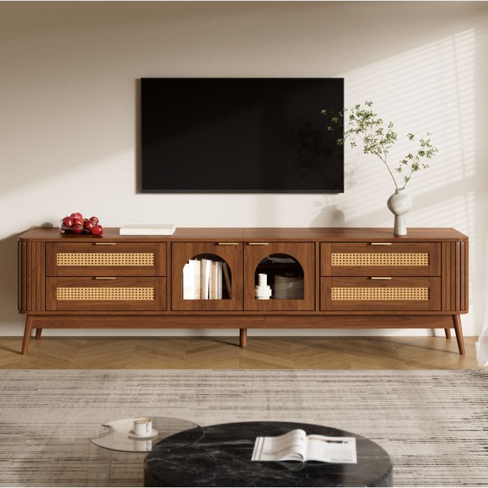 Meuble TV 180 cm 4 Tiroirs et 2 Portes en Verre Securise avec LED - ELVMI - Noyer pour Salon 180×40×50 cm