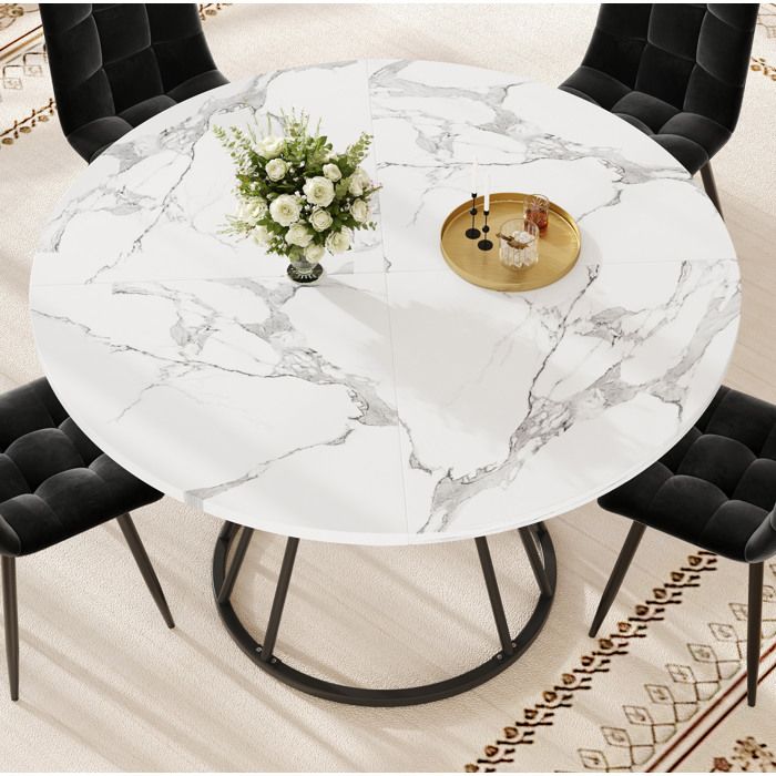 Ensemble Table Ronde 4 Chaises Noir Set Repas Design FloraGrace Pour Salle A Manger Avec Etagere 100x100x76cm