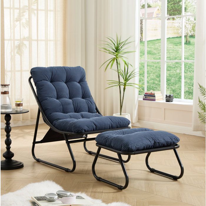 Fauteuil Lounge de Jardin avec Repose-Pieds et Coussin Épais - ELVMI - en Acier Thermolaqué Bleu Marine et Noir
