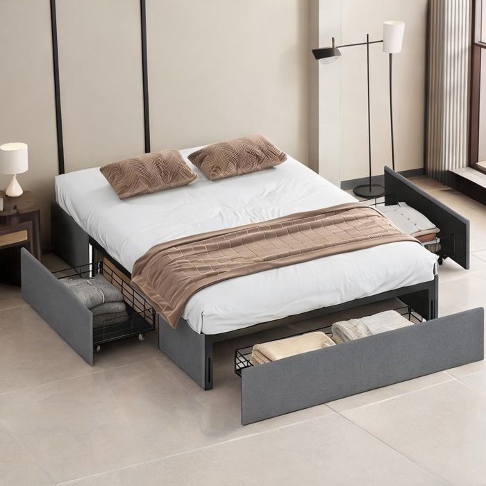 Cadre de lit double coffre 140x190 cm avec 3 tiroirs tissu gris effet lin et sommier lattes LVL style épuré