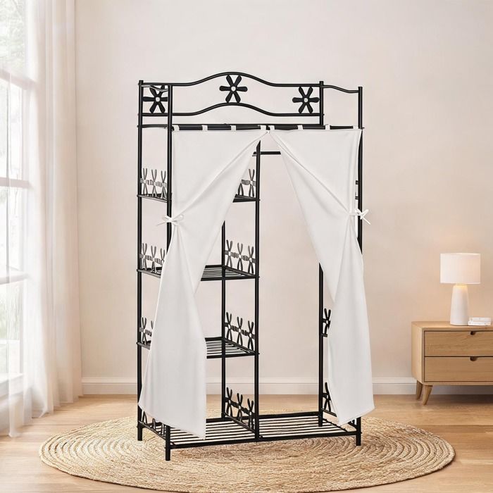 Armoire penderie 84 x 42 x 159 cm en métal noir avec rideaux blancs et motif floral