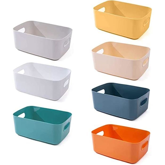 Lot de 7 bacs de rangement en plastique grands paniers multicolores avec poignées cuisine bureau maison