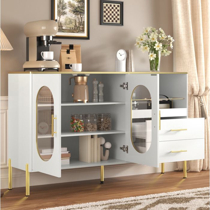 Buffet bas blanc et dore 140 x 38 x 90 cm avec 2 tiroirs 2 portes vitrees et niche