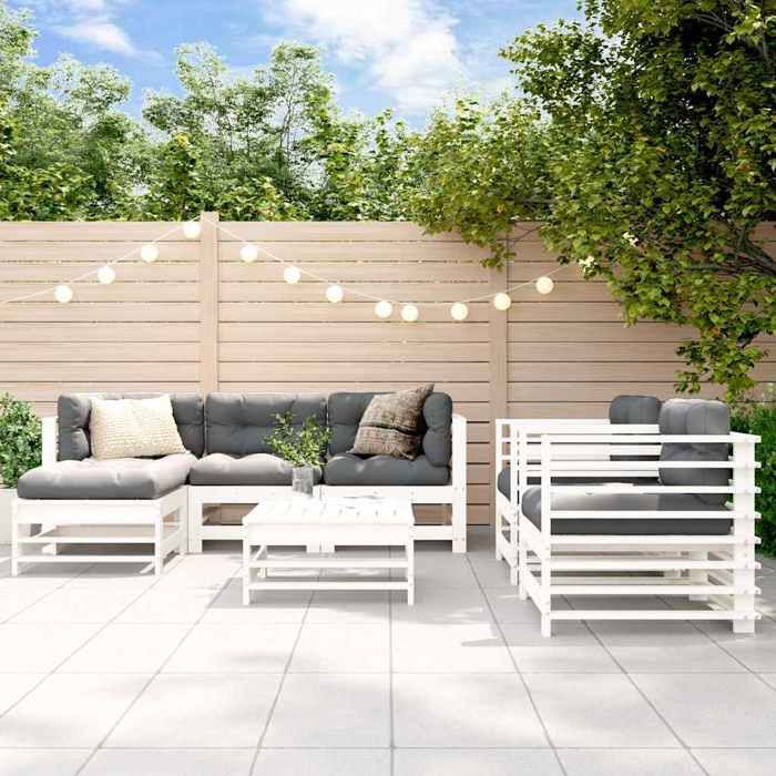 Blanc Salon de jardin 7 pcs Blanc Bois de pin massif - Meuble de balcon LV51967