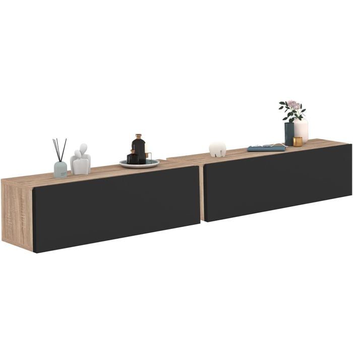 IDMarket Lot de 2 Consoles Suspendues Étagères Murales ELYOS 1 Porte Bois et Noir 60x20x18 cm IDMarket Lot de 2 Consoles Suspendues Étagères Murales ELYOS 1 Porte Bois et Noir 60x20x18 cm