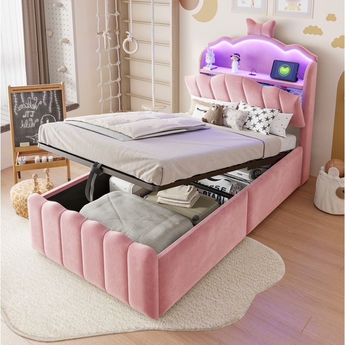 Modenuit Lit enfant 90x200 cm rembourré en velours rose LED USB/USB-C coffre de rangement
