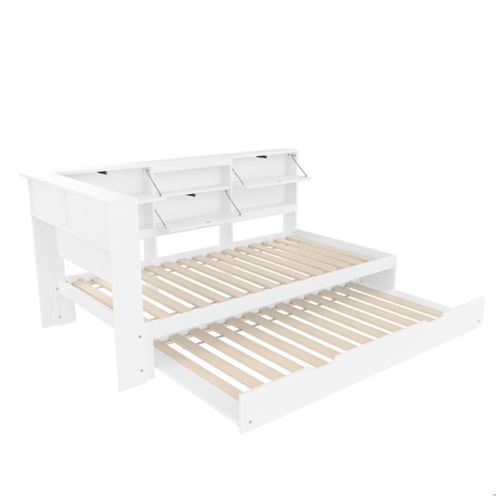 Lit gigogne extensible 90x200 cm avec tête de lit à rangement sans matelas blanc
