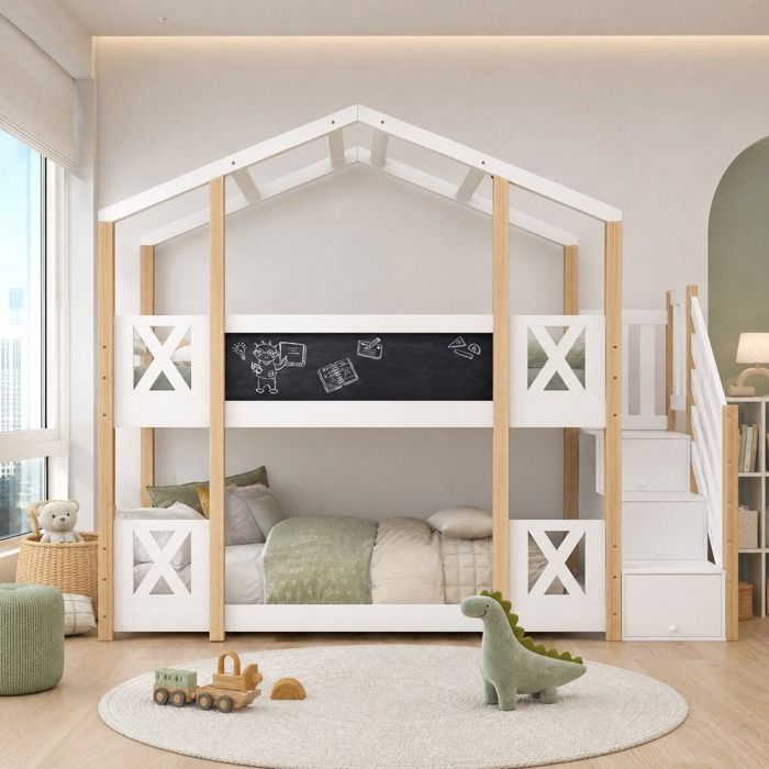 Lit superposé cabane enfant 90x200 avec rangement intégré sommier inclus bois blanc et naturel VEVXYN