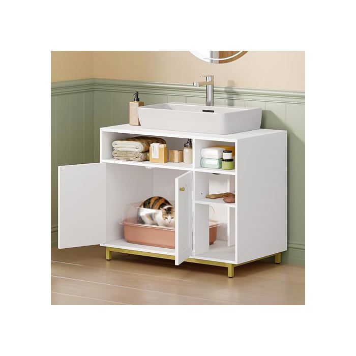 Meuble litière - HZUANERI - ECB89903G - 80×45×65 cm - Blanc et or - Étagères ajustables pieds réglables