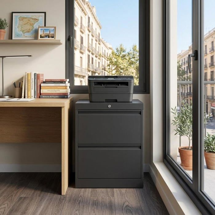 Desserte de bureau 2 tiroirs armario oficina acero carbono para carpetas colgantes A4 74x45x90 cm Noir