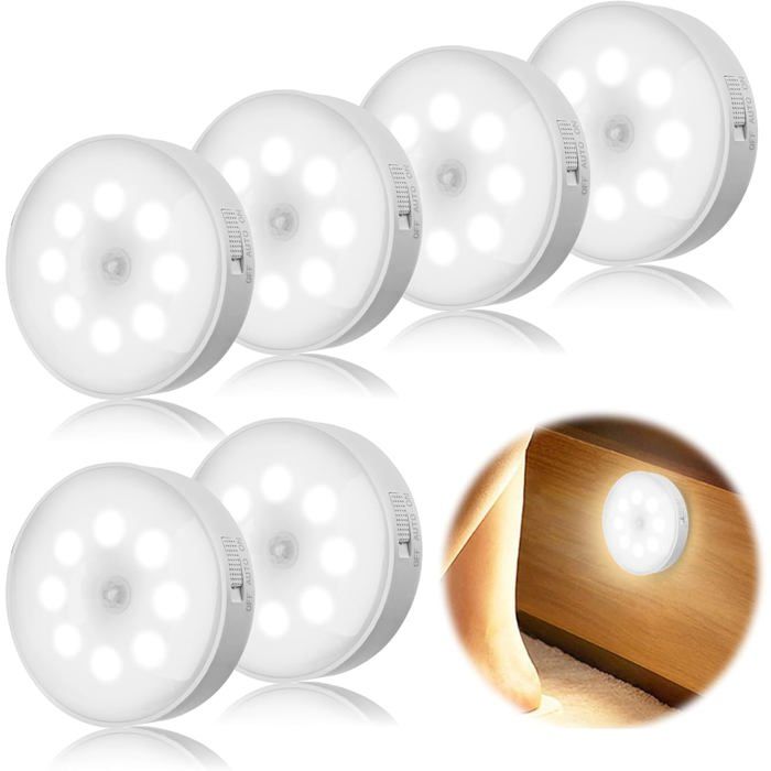 Veilleuse LED détecteur mouvement magnétique rechargeable blanc chaud lot 6 sans fil adaptable