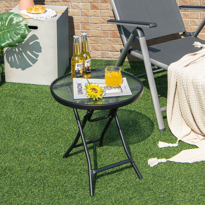 Table dappoint pliante ronde plateau en verre trempé et cadre acier pour jardin terrasse ou balcon