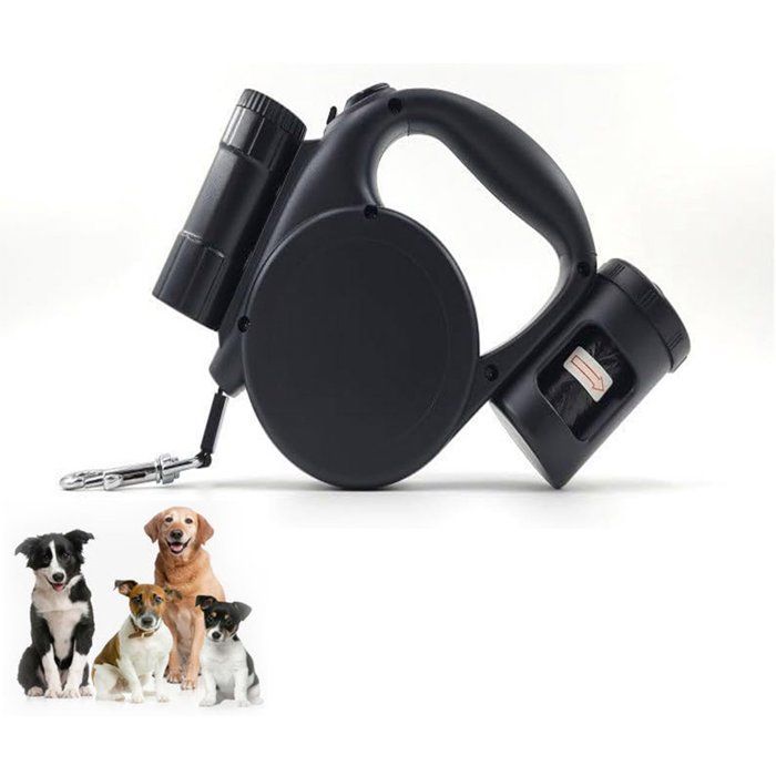 Laisse rétractable automatique en nylon noir pour grands chiens.