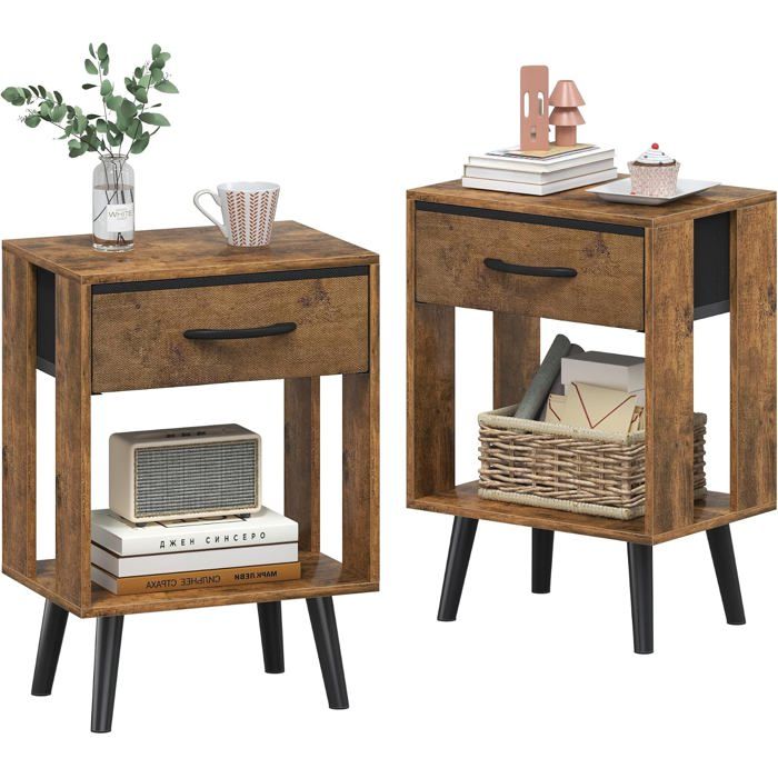 Lot De 2 Tables De Chevet En Bois Avec Tiroir Et Étagère Pieds Métal Et Bois Charge 45 Kg Chambre Salon 40x30x60 Cm