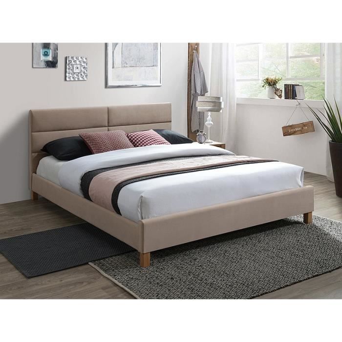 lits - lit double queen size en velours avec tête de lit rembourré gamme siera - sommier inclus - beige - 160 x 200 cm