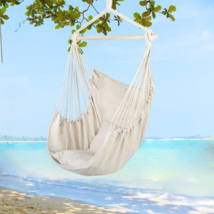 Hamac Chaise Suspendu Extérieur pour Jardin-130x100cm-Avec deux Coussin confortable en Coton Beige