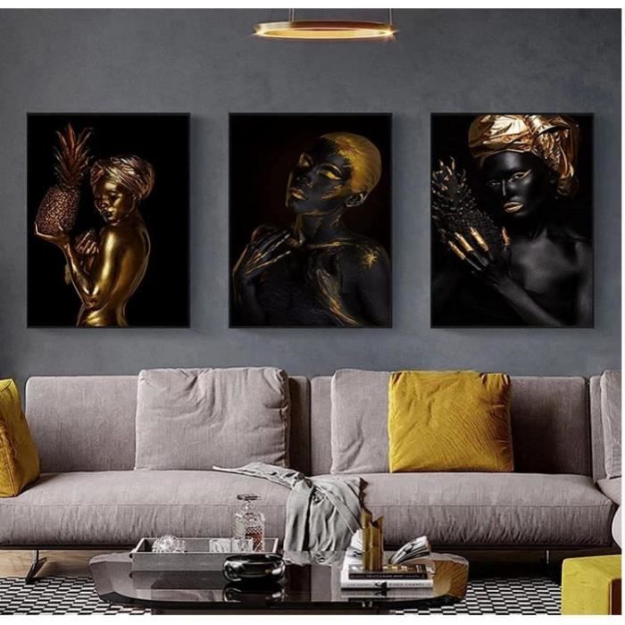 Tableaux D'art Africain - Lot De 3 Toiles Noires Et Dorées Sans Cadre, 40x50cm - Décoration Murale élégante Pour Salon Ou Chambre - 11