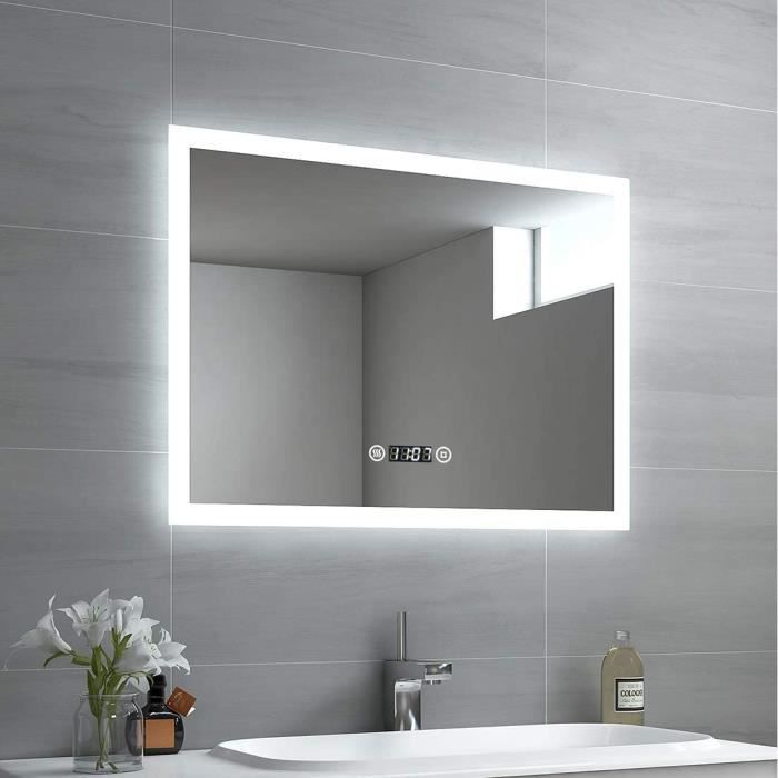 Miroir LED Salle De Bain 80x60 Cm – Éclairage Blanc Froid 6500K, Interrupteur Tactile, Anti-Buée & Loupe X3 Intégrée