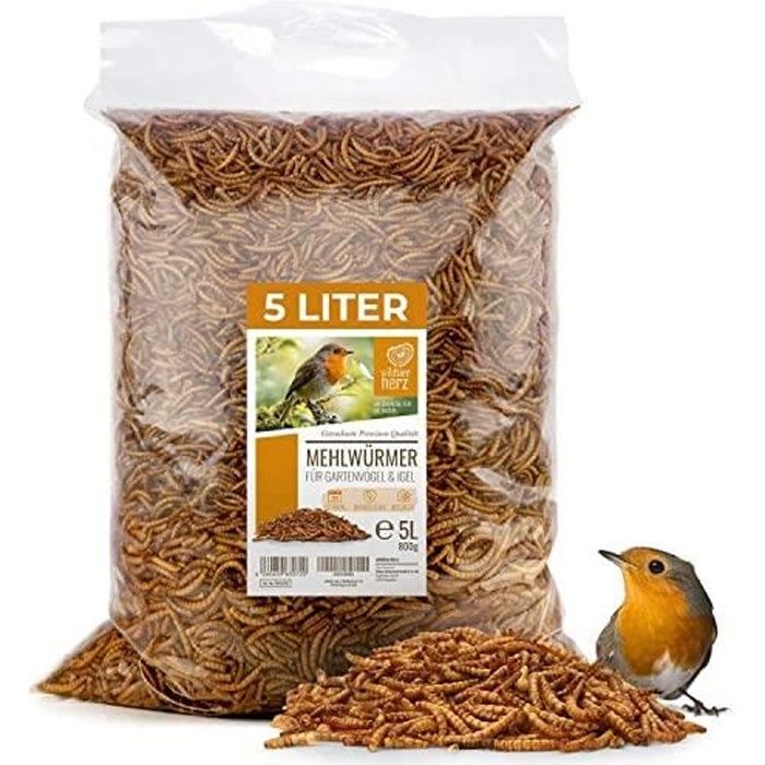 Vers de Farine Séchés pour Oiseaux et Hérissons - 5L [800g] - Nourriture pour Oiseaux Sauvages - Vers de Farine Toute l'Année