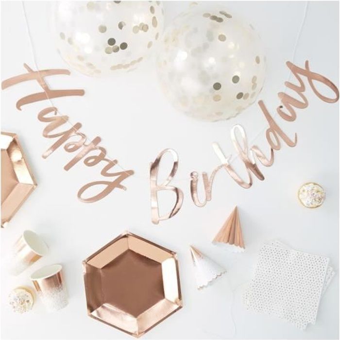 Kit complet déco et vaisselle anniversaire rose gold 70 pièces