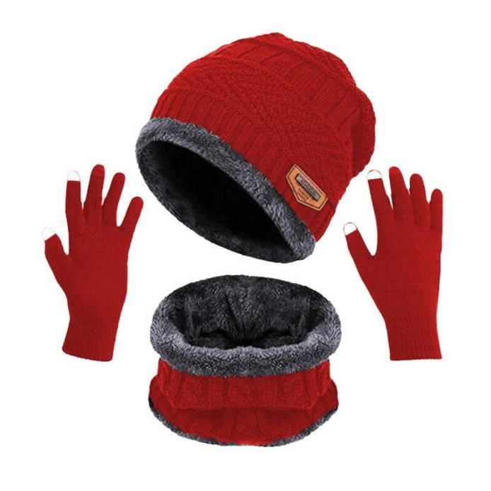 NATUST Set Hiver Bonnet Pompon + Écharpe + Gants Tricotés – Violet – Doublure Polaire – Tactile Écran
