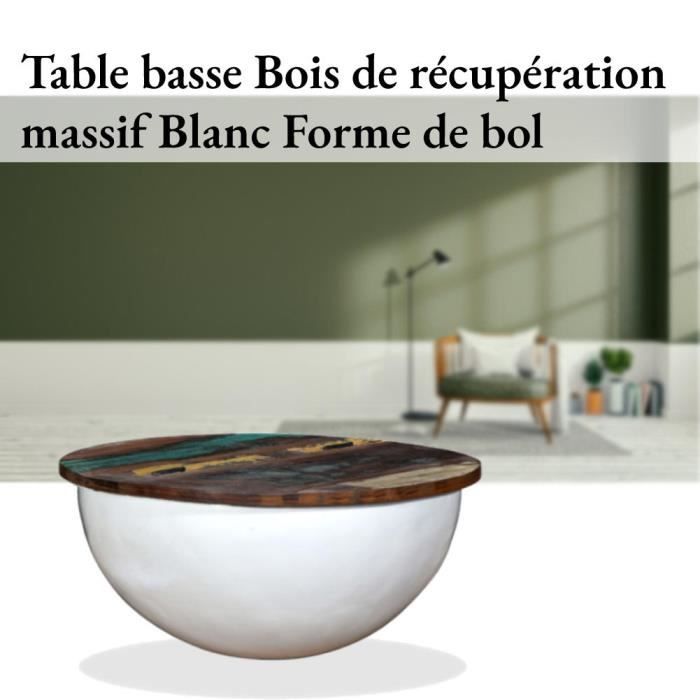 Table basse - Belleshop - Bois de récupération massif Blanc - Forme de bol - Acier laqué par poudrage