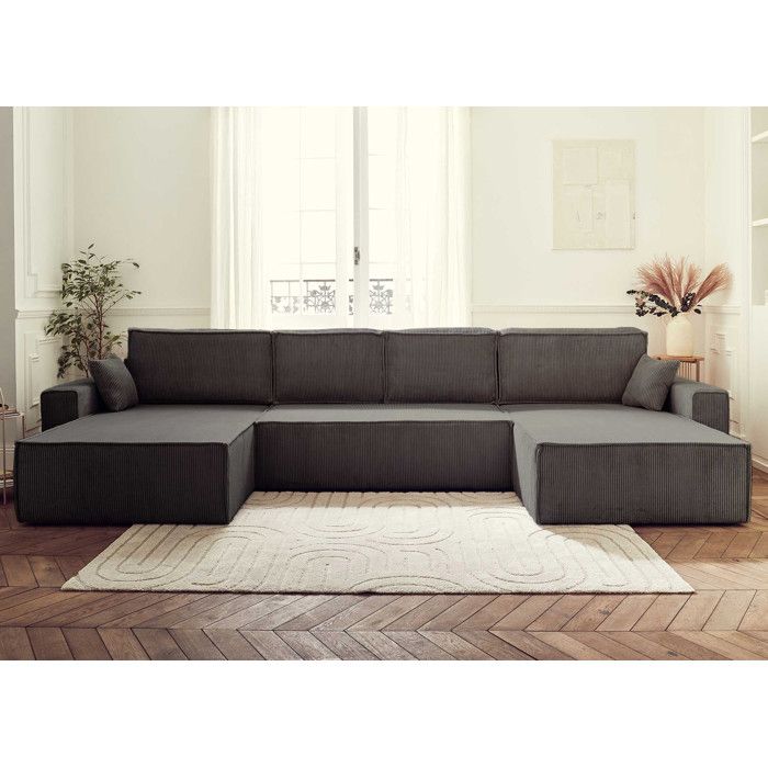 Bestmobilier Canap&eacute; panoramique 7 places DELLIA - En U - Velours c&ocirc;tel&eacute; Gris fonc&eacute;