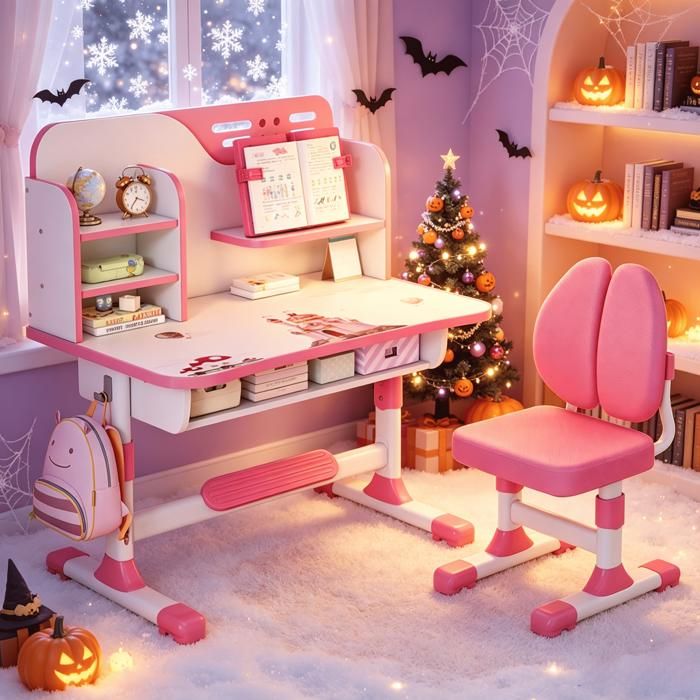 Bureau d'étude pour enfants avec chaises, Ensemble de Table et Chaises pour Enfant, 105x72x48cm, Réglable en hauteur, Rose - Maison