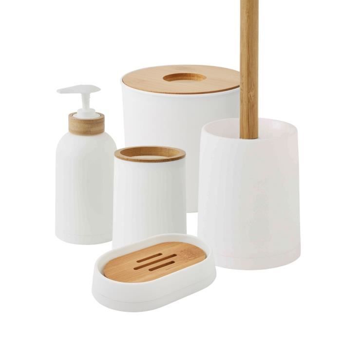 PRIMA - Set de salle de bain 5 pièces en plastique et bambou blanc