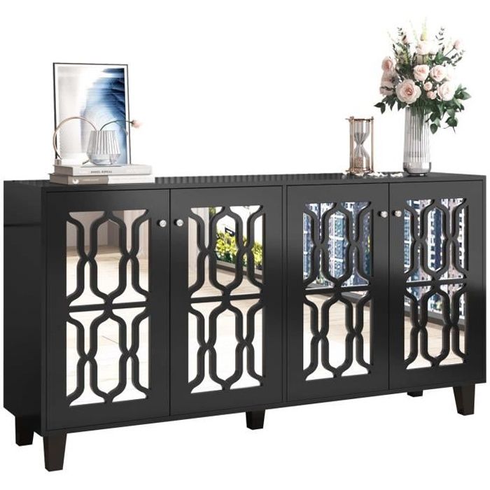 Buffet bahut 4 portes à miroir étagères mobiles pour salon et salle à manger 160 x 40 x 84 cm noir