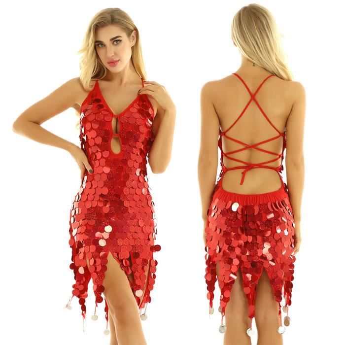 Robe Danse Latine Femme Paillette Brillant Robe Danse Chacha Salsa Tango  Danseuse Dancewear Rouge