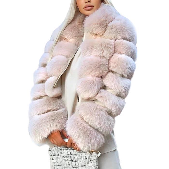 Manteau en Fausse Fourrure Fox pour Femme Beige Épais et Chaud