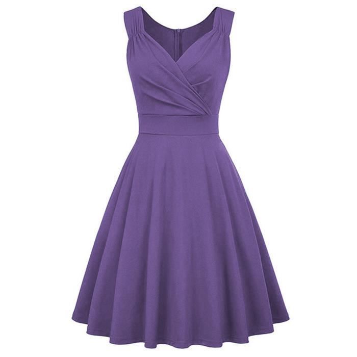 Robe Cocktail Femme Sans Manches Col V Robe de Mariage Violet Chic