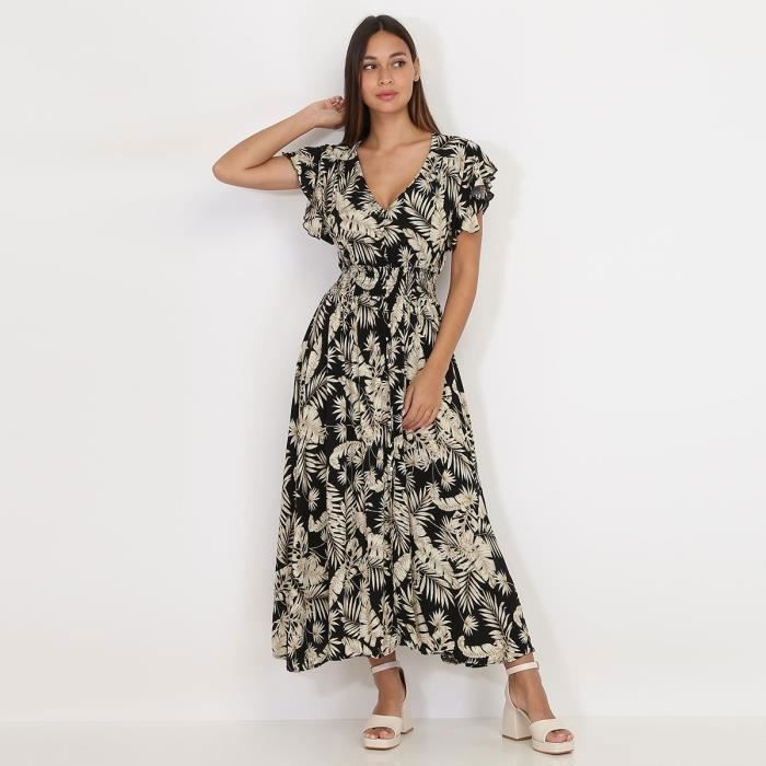 Robe mi-longue noire ?� feuilles et fente Noir - Cdiscount Pr??t-?�-Porter