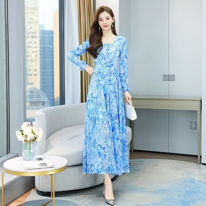 Robe en mousseline de soie a manches longues rose Floral plage Printemps robes pour femmes fete col en v tuniques Vestiti Eleganti V Noir Cdiscount Pret a Porter