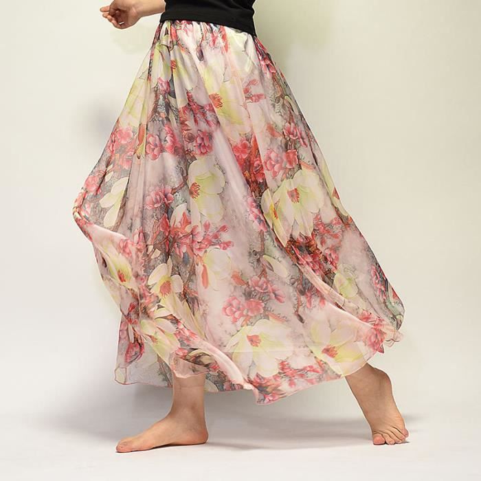 Jupe Maxi Bohème Femme Été - Taille Haute Élastique Double Tissage A-Ligne Avec Cordon, Style Casual Imprimé