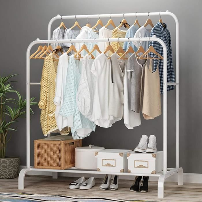Porte-manteau OHMG à double tringle avec étagère de rangement pour chaussures - Blanc