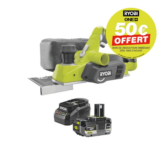 Pack RYOBI rabot 18V One+ 82mm R18PL - 1 batterie 4.0Ah - 1 chargeur rapide 2.0Ah