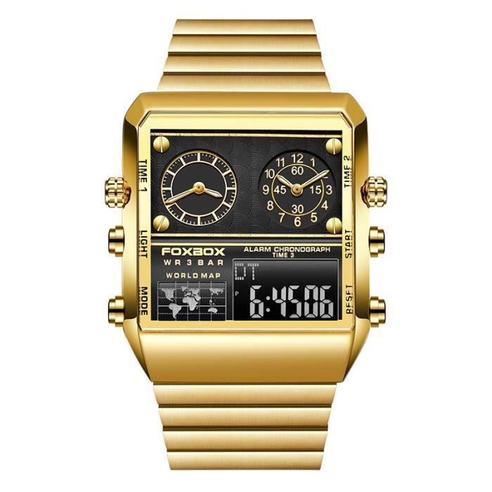 montre homme led numérique quartz cadran à double affichage chronographe multifonction carte bracelet en acier doré
