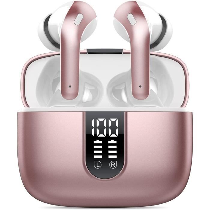 Écouteurs Bluetooth 5.4 Sans Fil – Stéréo Avec Micro ENC – Autonomie 48H – Étanche IPX7 – Mini Oreillettes Confortables – Couleur Or Rose