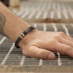 Bracelet Homme Acier Inoxydable 316L Noir Et Argent - Articulé, 21 Cm X 8 Mm - Neuf étiqueté