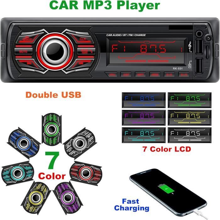 Autoradio Voiture Bluetooth MP3 1 DIN Auto Radio USB Lecteur Mains Libres  Stéréo Musique Charge TF Aux Enregistrement 7 couleurs - Cdiscount Auto