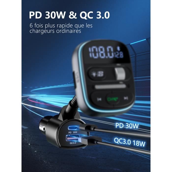 Transmetteur FM Bluetooth Pour Voiture – Charge Rapide Type-C PD 30W & QC 3.0, Double Micro Pour Appels, Renforcement Des Basses Et LED - 4