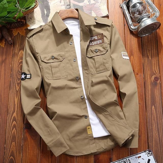 Chemises militaires decontractees pour hommes chemise en coton retro Slim Fit avec poche a manches longues YTisabella kaki