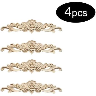 4 Pièces Appliques Décoratives En Bois Sculpté - Moulures D'angle Non Peintes Pour Meubles, Armoires Et Décoration Intérieure