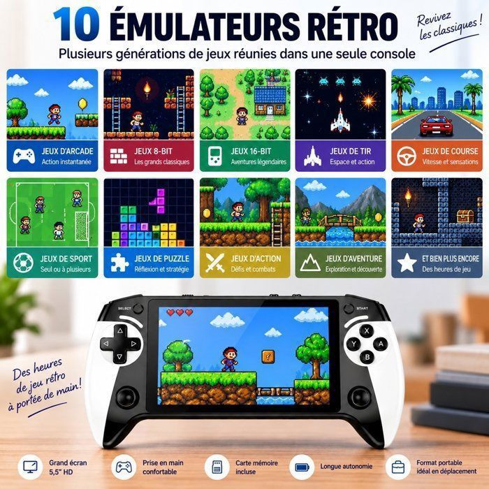 X9 Console Rétro Portable 5,5 Pouces IPS – 6200+ Jeux, 10 Émulateurs, Sortie TV, 8 Go Extensible – Blanc